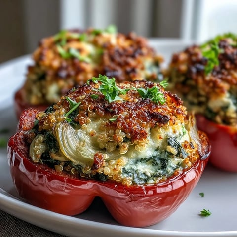 Freshly baked Vegan Spinach and Artichoke Stuffed Peppers rest in a white dish, topped with golden breadcrumbs.