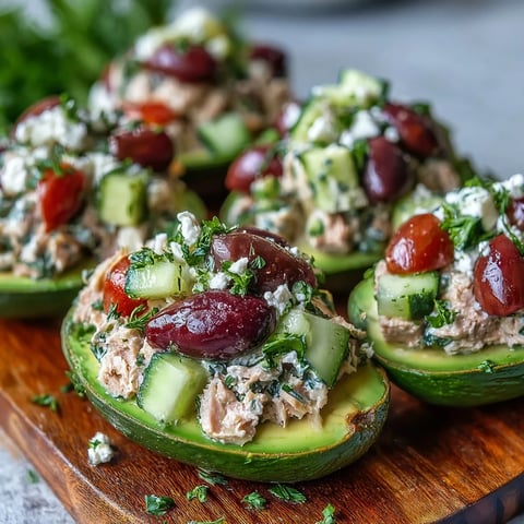 A close-up of Mediterranean Tuna Salad Stuffed Avocados, featuring creamy avocado halves filled with chunky tuna, red onion, and Kalamata olives, garnished with fresh parsley.