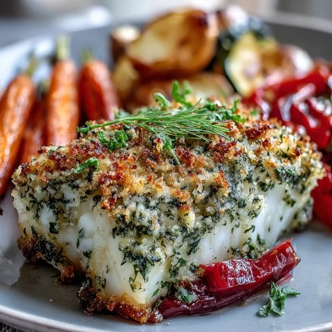 Golden-brown Herb-Crusted Baked Cod with Roasted Vegetables, served hot on a baking sheet with lemon wedges.