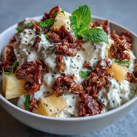 A vibrant Cottage Cheese Breakfast Bowl with Pineapple and Granola, topped with a drizzle of honey and fresh mint.