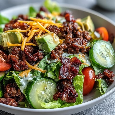 A close-up of Keto Bacon Cheeseburger Salad with avocado, pickles, and cheddar on crisp romaine, drizzled with savory burger sauce.