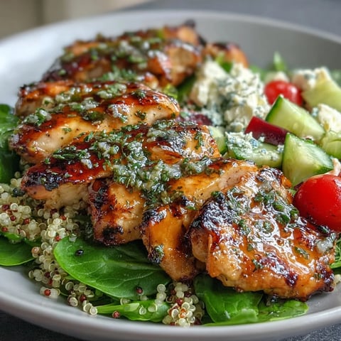 A colorful bowl of lemon-herb grilled chicken salad with quinoa, spinach, cherry tomatoes, cucumber, and feta, drizzled with tangy lemon dressing.
