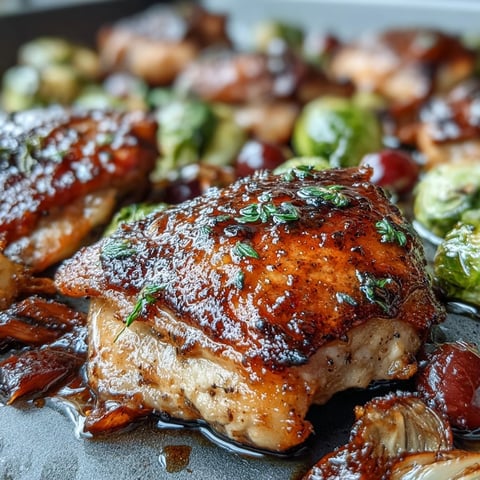 Sheet pan balsamic chicken with Brussels sprouts and grapes, roasted to perfection with caramelized edges and a tangy-sweet glaze.