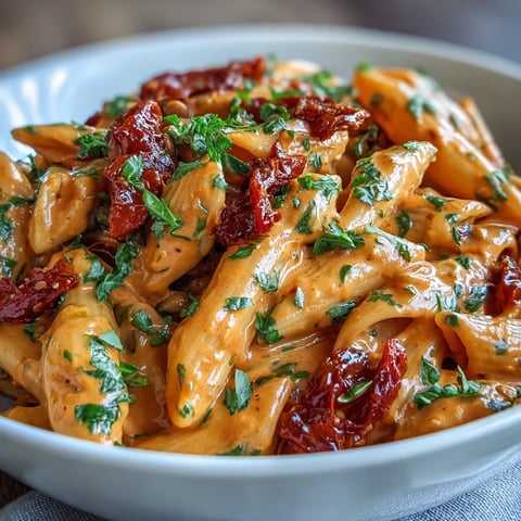 A vibrant bowl of vegan creamy roasted red pepper pasta with hidden lentils, topped with fresh basil and a sprinkle of vegan parmesan.