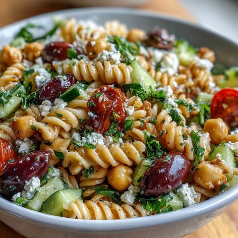 Mediterranean Chickpea Pasta Salad with Cucumber and Olives in a colorful bowl, showcasing vibrant veggies, chickpeas, and tangy feta tossed with a lemon-herb dressing.  