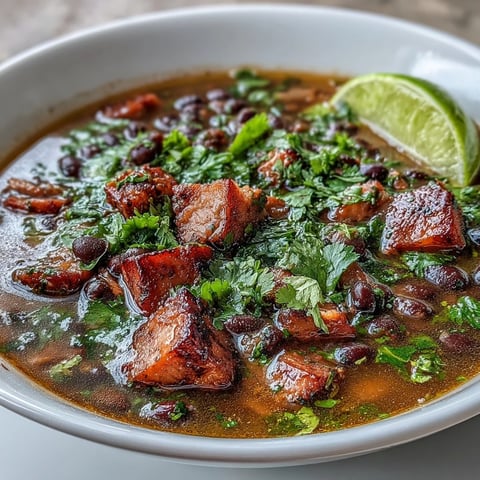 Hearty bowl of ham and black bean soup with lime and fresh cilantro garnish.