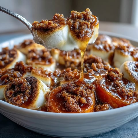 Candied yams with marshmallow pecan crumble, golden and bubbling from the oven.  