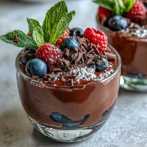 Velvety chocolate mousse made with cottage cheese, topped with fresh berries and a sprinkle of dark chocolate shavings.