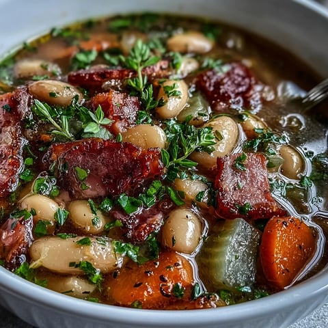 Hearty slow cooker ham and bean soup with tender carrots and celery in a savory broth.  