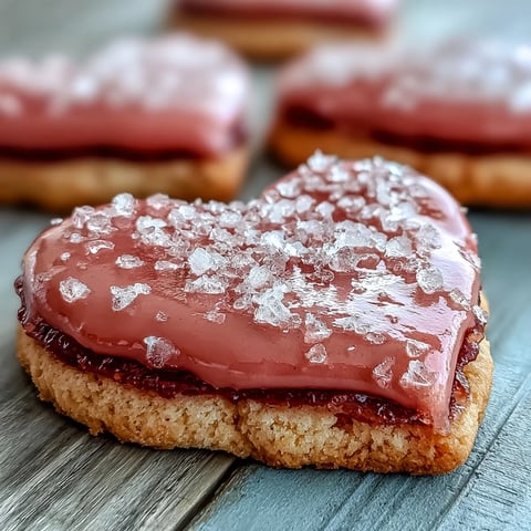 Beautiful heart-shaped strawberry sugar cookies with glossy royal icing, perfect for a romantic Valentine's Day dessert.  