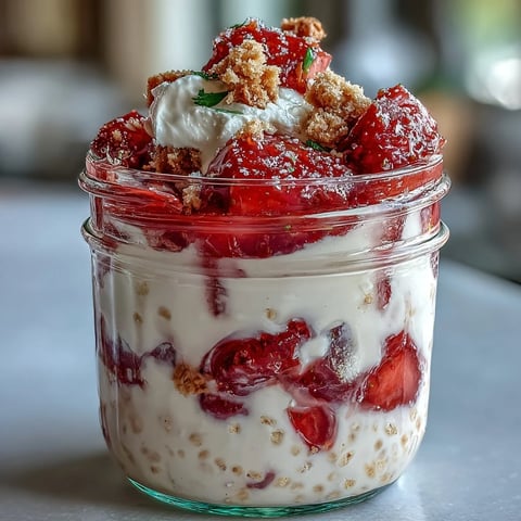 Creamy overnight oats with fresh strawberries and vanilla, layered like strawberry shortcake for a wholesome, easy breakfast.