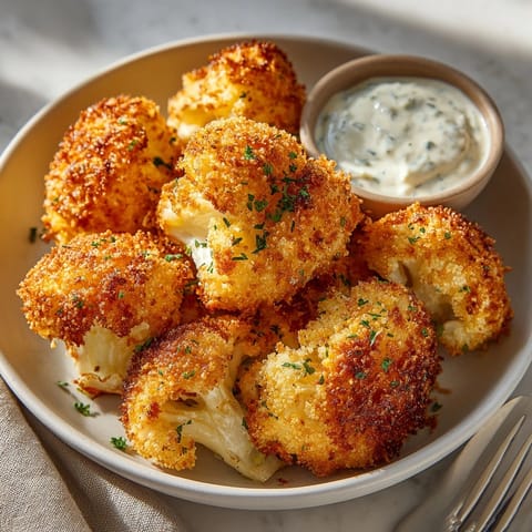 A close-up of delicious Crispy Coconut Cauliflower Bites, with a perfect, crunchy coconut coating.