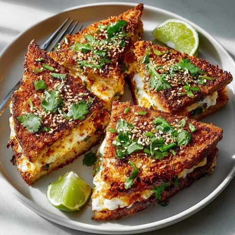 Vietnamese shrimp toast triangles, perfectly fried to golden crispness, garnished with herbs.