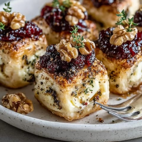 Warm, savory close-up of baked Cranberry Brie Puff Pastry Bites, perfect for holiday parties or snacking.