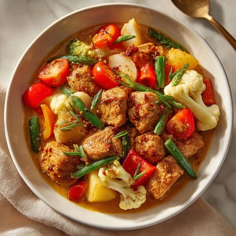A bowl of golden Chicken and Vegetable Curry, rich with coconut milk and aromatic spices.