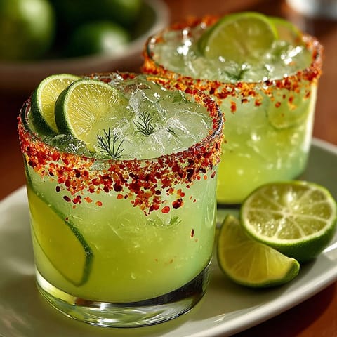 A close-up view of two chilled Pickle Margarita Mocktails, rimmed with salt, ready to enjoy.