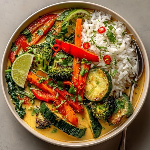 Hearty Thai Curry Vegetable Bowl steaming with vibrant vegetables, fresh cilantro, and lime wedges