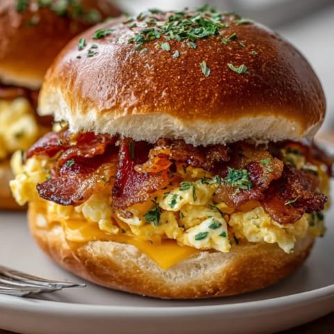 Freshly baked Crack Breakfast Sliders featuring cheesy scrambled eggs and crispy bacon, ready to enjoy