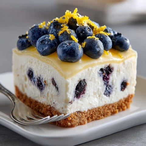 Creamy layers of No-Bake Lemon Blueberry Cream Cake chilled and perfect for summer gatherings.