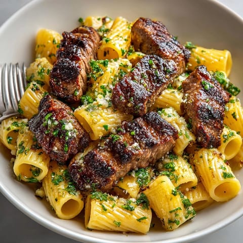 Creamy garlic butter steak pasta mixed with barbecue sauce, ready for a cozy family dinner.