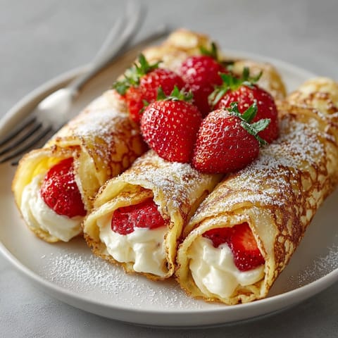 Creamy Ricotta Strawberry Crepe Rolls filled with sweet strawberries, served on a white plate.