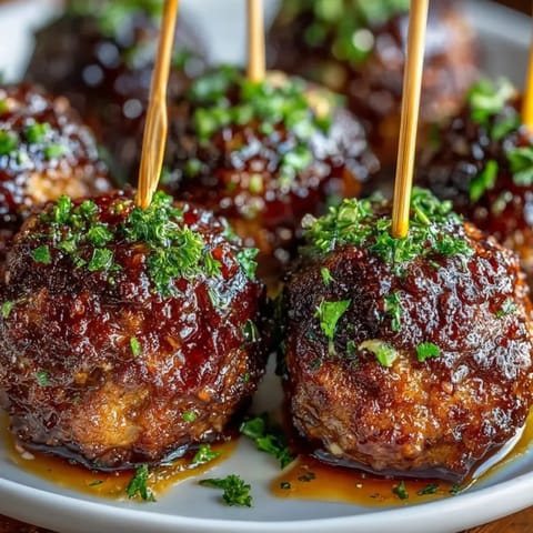 Close-up reveals glazed Honey Garlic Cocktail Meatballs simmering, ready for an easy appetizer.