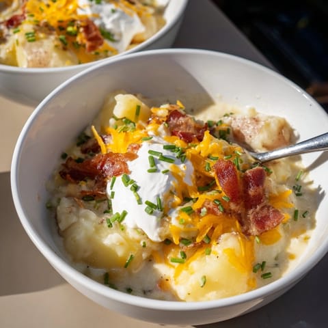 Close-up of golden, cheesy Loaded Baked Potato Soup, steaming and ready to eat.