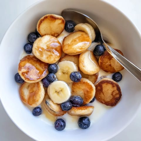 Bite-sized mini pancake cereal in a bowl, topped with milk and banana slices.  
