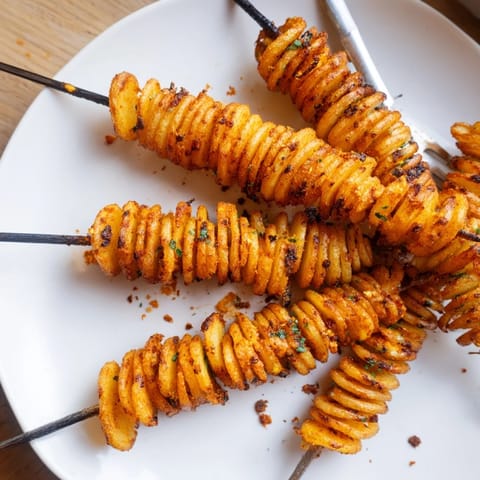Crispy Air-Fryer Tornado Potatoes skewered with spices, perfect for snacking or sharing.  