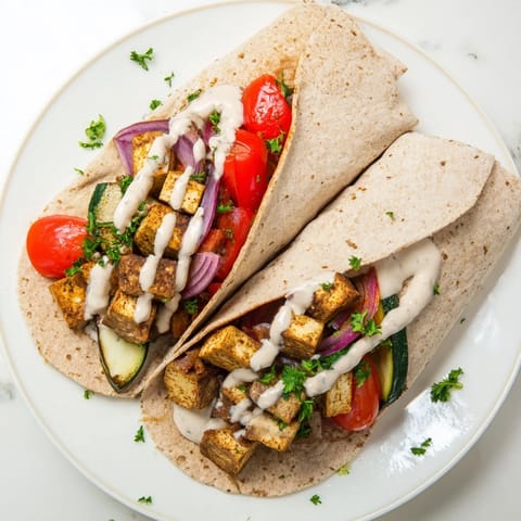 Delicious, plant-based tofu wraps filled with colorful veggies and savory yogurt drizzle.  