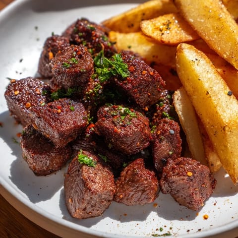 Sizzling, blackened Cajun steak bites served alongside crispy, golden fries, ready to enjoy.