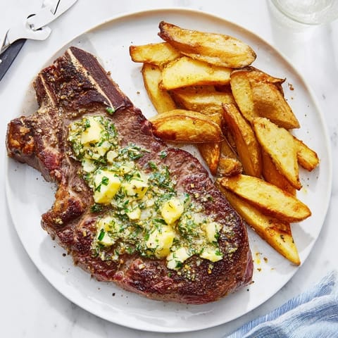 Mouthwatering image of a perfectly cooked Steakhouse Garlic Butter Steak & Fries, ready to eat and enjoy.