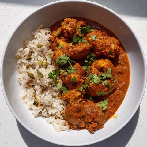 Tender Butter Chicken with rice pilaf, a warm, inviting bowl of Indian comfort food, spiced just right.