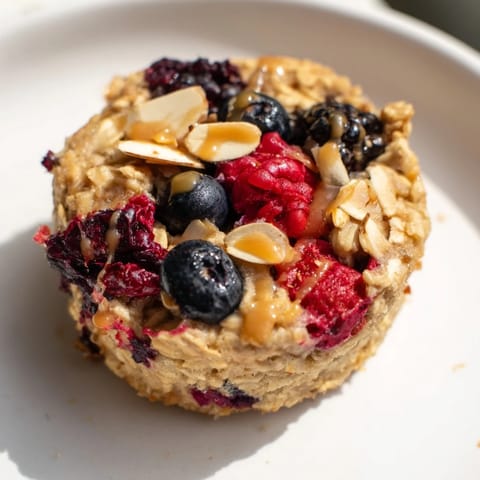A close-up of delicious baked oatmeal cups with vibrant winter berries and a drizzle of almond butter.