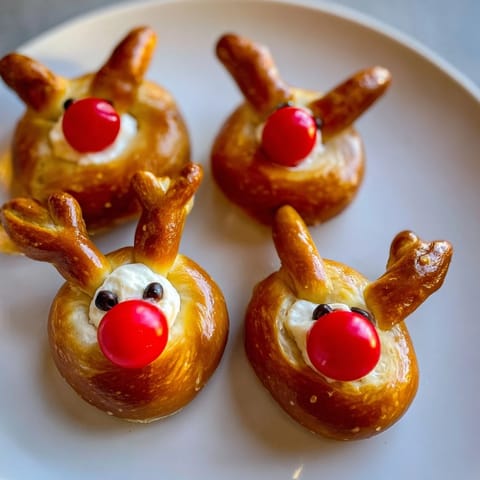 These baked Rudolphs Red Nose Pretzel Bites featuring cheese filling and pretzel antlers look delicious!