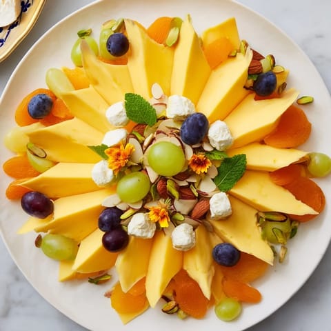 A visually stunning Daffodil Cheese Board, brimming with creamy cheeses and fresh fruits, perfect for sharing.