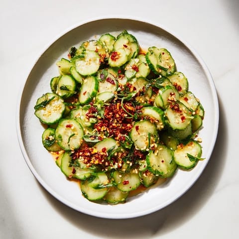 A close-up of a Cucumber Shaker Salad, showing the bright crunch and spicy chili crisp garnish.