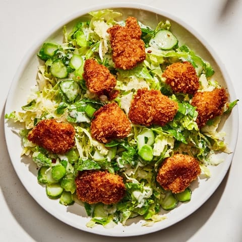 Crispy air-fried chicken nuggets atop a vibrant Green Goddess Nugget Salad with fresh herbs and creamy dressing.