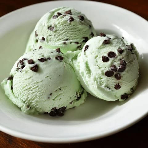 A close-up of homemade Mint Chocolate Chip Ice Cream, showing rich texture and glistening chips.