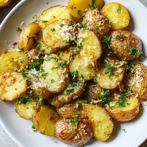 A close-up of crispy Garlic Parmesan Potatoes, garnished, showing golden brown perfection, ready to eat.