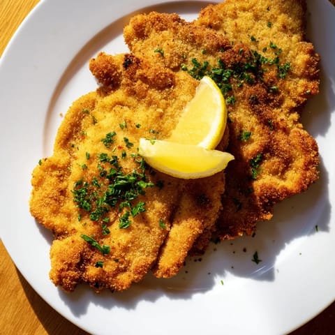 Crispy breading surrounds tender veal in this delicious Austrian Wiener Schnitzel recipe, ready for a bite.