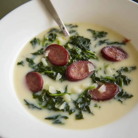 Fragrant Portuguese Caldo Verde, featuring vibrant green kale and flavorful chorizo, ready to serve.