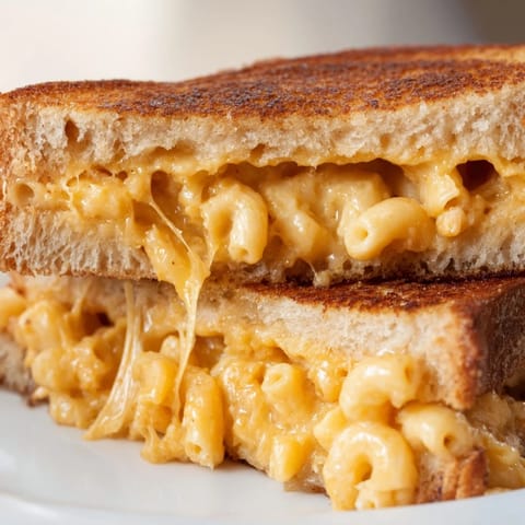 A comforting, melted cheese pull is visible on the gooey Mac & Cheese Grilled Cheese sandwich filling.