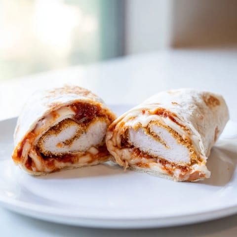Close-up of a Crispy Chicken Parm Wrap with golden breaded chicken cutlet, marinara, and fresh basil tucked into a warm flour tortilla.