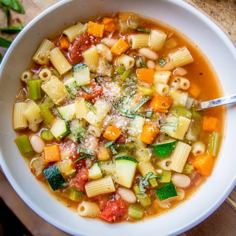A cozy bowl of Minestrone Vegetable Soup topped with freshly grated Parmesan, served alongside crusty Italian bread for dipping.
