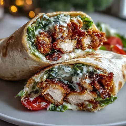 Crispy golden chicken strips glazed in sweet and spicy hot honey fill this hearty Hot Honey Chicken Caesar Wrap.