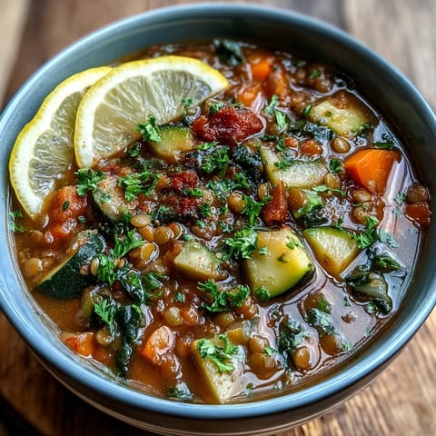 Freshly cooked Lentil Soup garnished with parsley and a lemon wedge, served beside crusty bread.