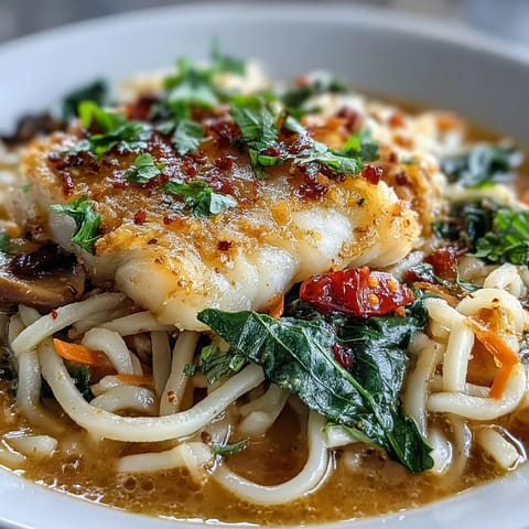 Flaky white fish poached in aromatic coconut curry broth is lifted over soft udon noodles and vibrant veggies.