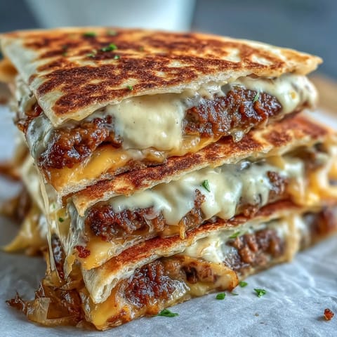 A close-up shows the crispy exterior of a Cheesy Griddled Smashburger Quesadilla oozing melted cheese and savory beef with onions.