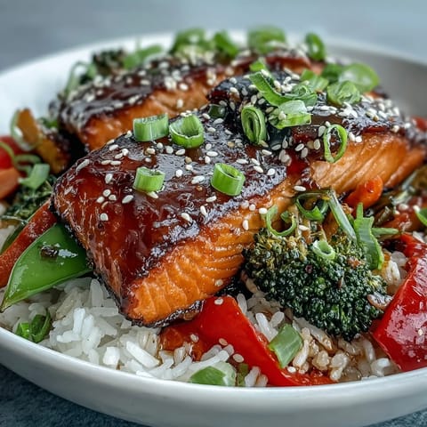 Close-up of a fresh Teriyaki Salmon Bowl with fluffy jasmine rice, glazed salmon, and colorful stir-fried vegetables.